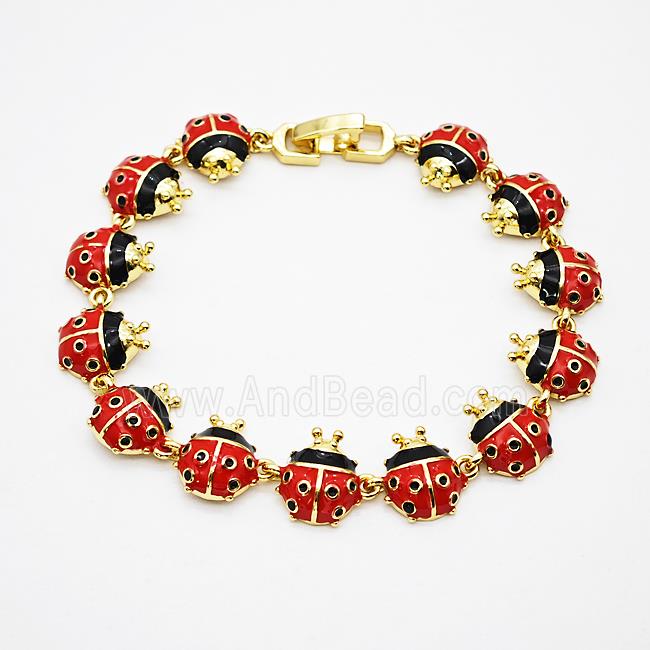 Copper Ladybug Bracelets Pave Zirconia Red Enamel Gold Plated