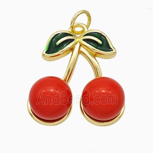 Copper Cherry Pendant Pave Red Pearlized Resin Gold Plated