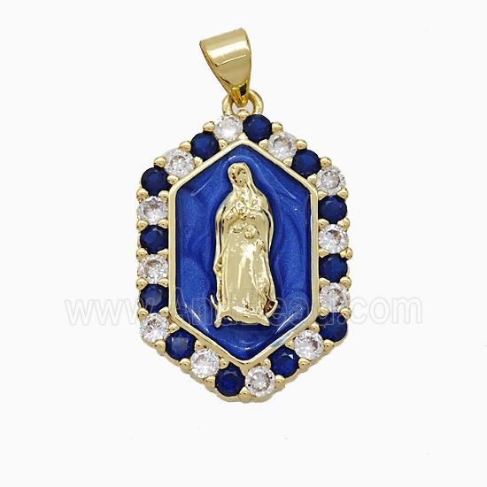 Copper Jesus Pendant Pave Zirconia Blue Enamel Gold Plated