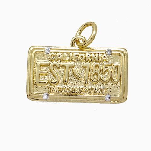 California Nameplate Charms Copper Pendant Pave Zirconia EST1850 Gold Plated