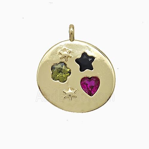 Copper Circle Pendant Pave Zirconia Flower Star Heart Gold Plated