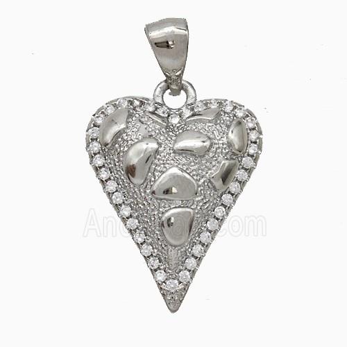 Copper Heart Pendant Pave Zirconia Hammered Platinum Plated
