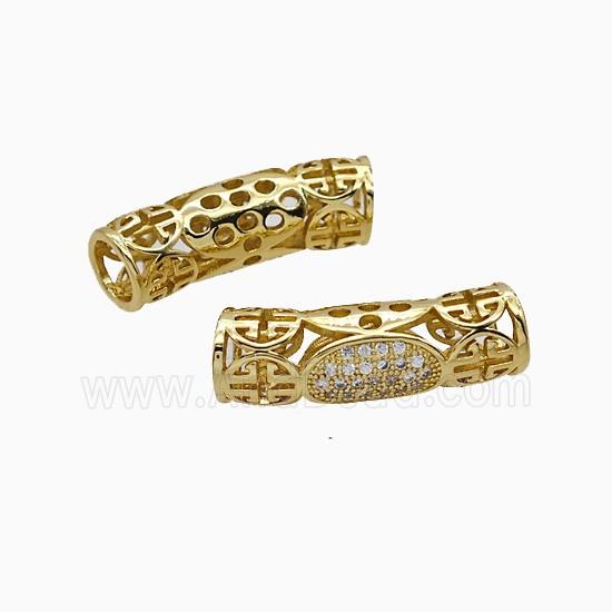 Copper Tube Beads Pave Zirconia Curving Large Hole Gold Plated
