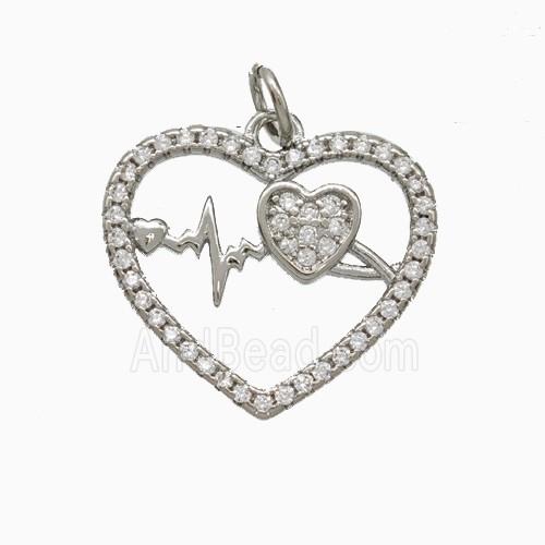 Copper Heart Pendant Pave Zirconia Heartbeat Platinum Plated