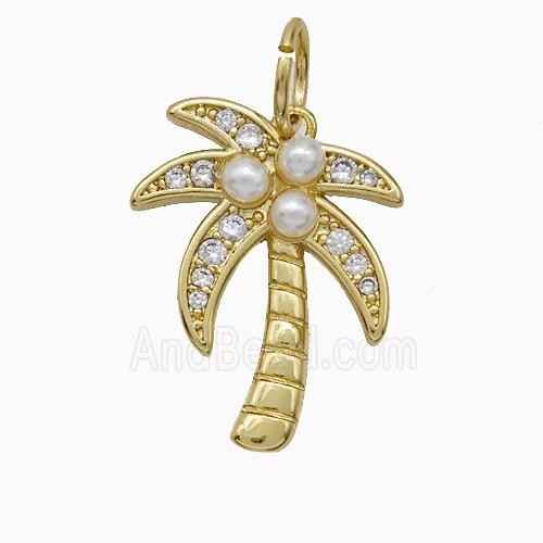 Copper Coconut Tree Pendant Pave Zirconia Pearlized Resin Palm Gold Plated