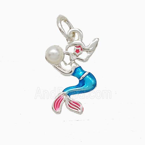 Copper Mermaid Pendant Pave Pearlized Resin Painted Platinum Plated