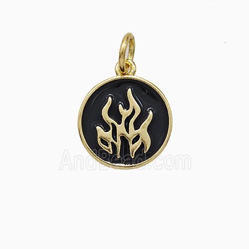 Fire Flame Charms Copper Pendant Black Enamel Circle Gold Plated