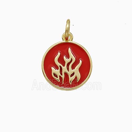 Fire Flame Charms Copper Pendant Red Enamel Circle Gold Plated