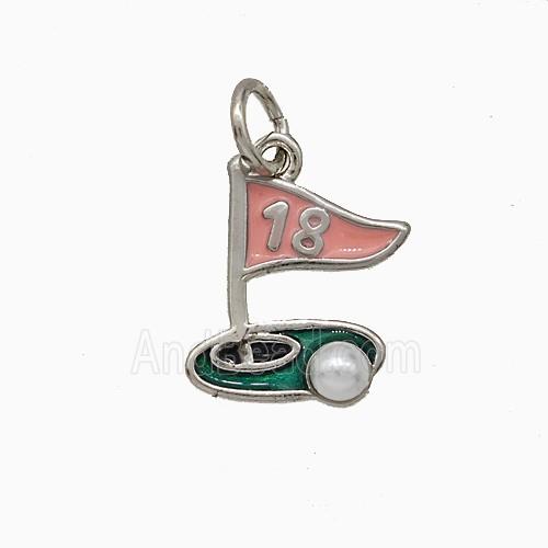 Golf Course Charms Copper Pendant Pave Pearlized Resin Pink Enamel Flag Sports Platinum Plated