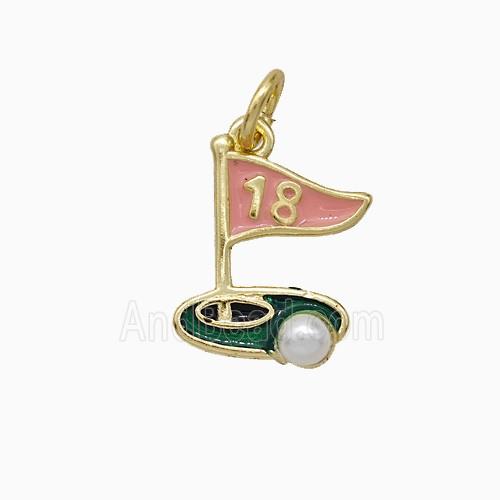 Golf Course Charms Copper Pendant Pave Pearlized Resin Pink Enamel Flag Sports Gold Plated