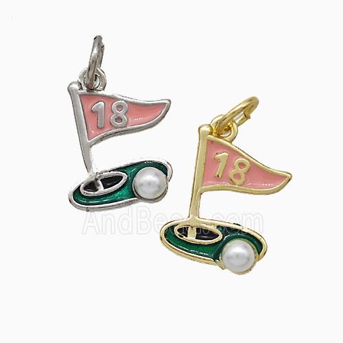 Golf Course Charms Copper Pendant Pave Pearlized Resin Pink Enamel Flag Sports Mixed