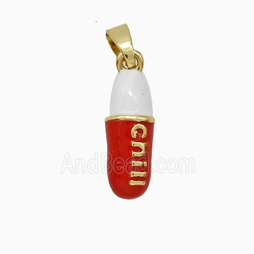 Pill Charms Copper Pendant Red Enamel Gold Plated