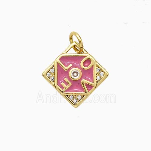 Copper LOVE Pendant Pave Zirconia Pink Enamel Square Gold Plated