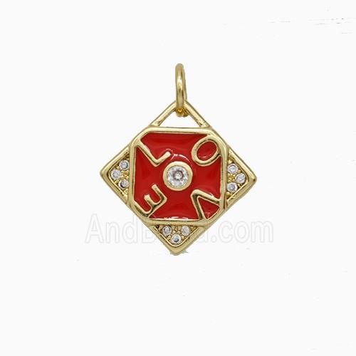 Copper LOVE Pendant Pave Zirconia Red Enamel Square Gold Plated