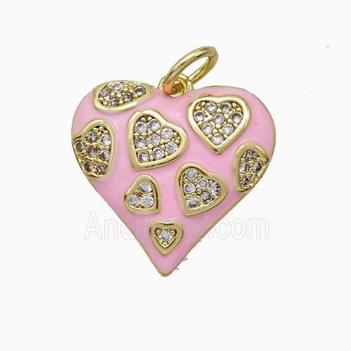 Copper Heart Pendant Pave Zirconia Pink Enamel Gold Plated