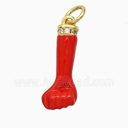 Copper Hand Pendant Pave Zirconia Red Enamel Fist Gold Plated