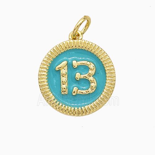 Lucky 13 Charms Copper Pendant Teal Enamel Gold Plated