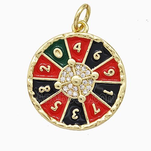 Roulette Charms Copper Pendant Pave Zirconia Black Red Enamel Gold Plated