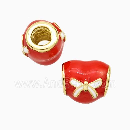 Copper Heart Beads Red Enamel Bowknot Large Hole Gold Plated