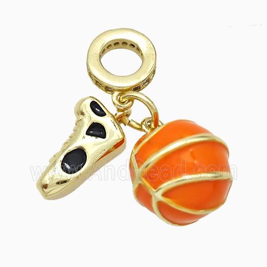 Copper Shoe And Basketball Pendant Orange Enamel Sports Gold Plated