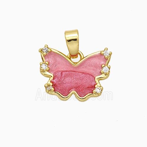 Copper Butterfly Pendant Pave Zirconia Pink Painted Gold Plated