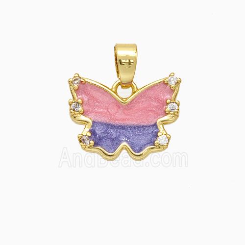 Copper Butterfly Pendant Pave Zirconia Pink Painted Gold Plated