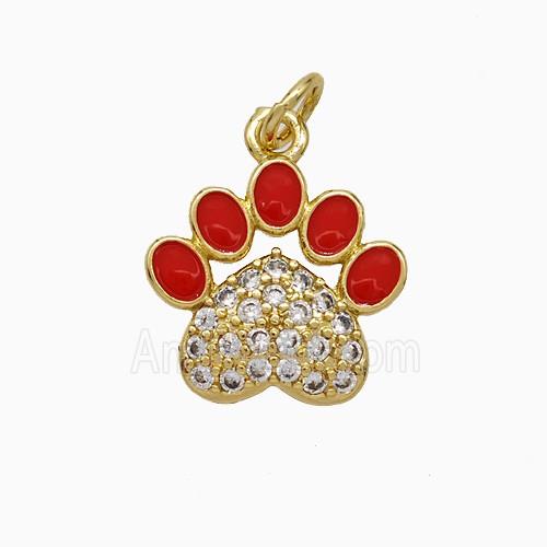 Copper Paw Charms Pendant Pave Zirconia Red Enamel Gold Plated