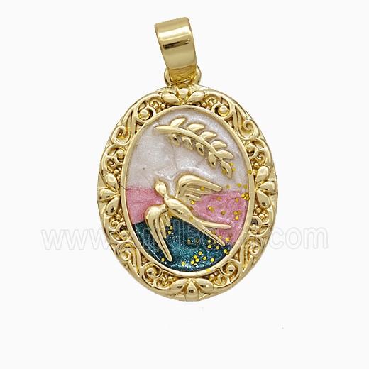 Copper Swallow Pendant Painted Leaf Oval Gold Plated