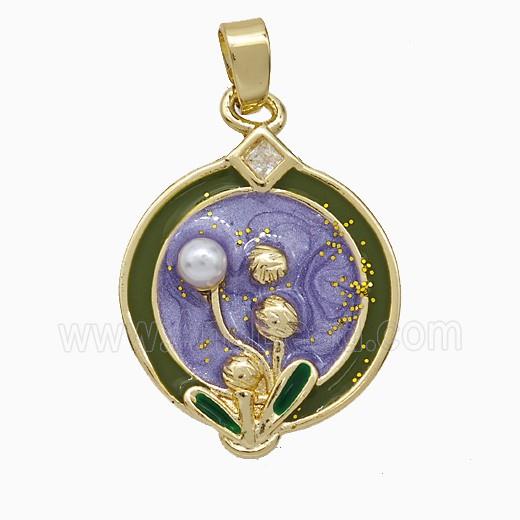 Copper Flower Pendant Pave Pearlized Resin Purple Painted Gold Plated