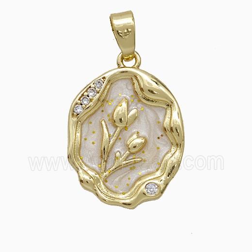 Copper Flower Pendant Pave Zirconia White Painted Gold Plated