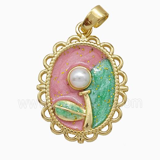 Copper Flower Pendant Pave Pearlized Resin Painted Gold Plated