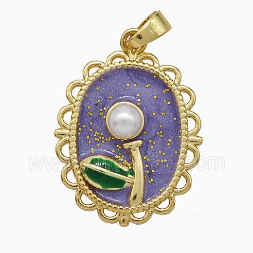 Copper Flower Pendant Pave Pearlized Resin Puprle Painted Gold Plated