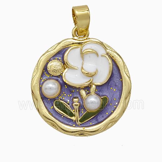 Copper Flower Pendant Pave Pearlized Resin Painted Gold Plated