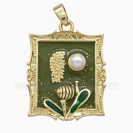 Copper Flower Pendant Pave Pearlized Resin Green Painted Gold Plated