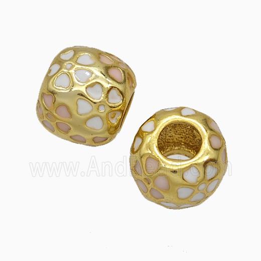 Copper Round Beads White Heart Enamel Large Hole Gold Plated