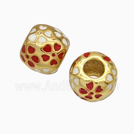 Copper Round Beads Red Flower Enamel Large Hole Gold Plated