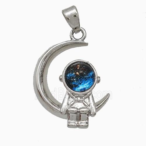Copper Astronaut And Moon Pendant Pave Resin Platinum Plated