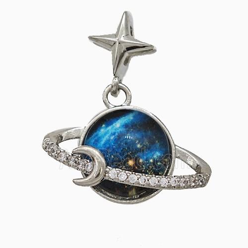 Copper Planet Pendant Pave Zirconia Resin Platinum Plated