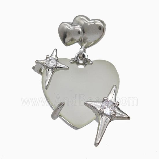Lt.green Resin Heart Pendant Copper Star Pave Zirconia Platinum Plated