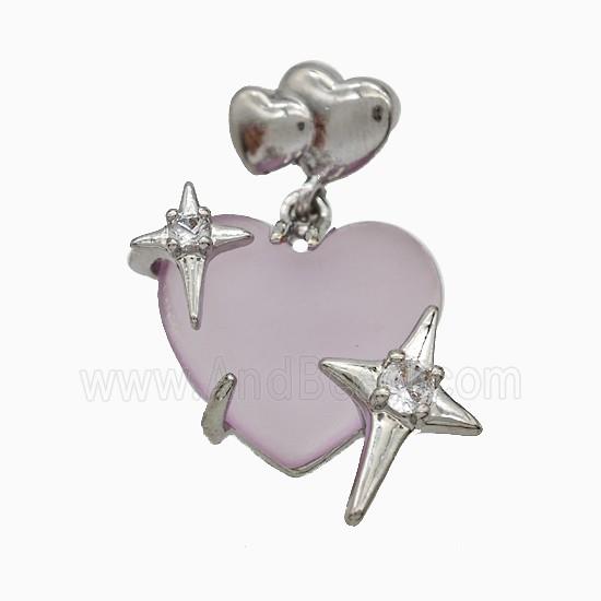 Pink Resin Heart Pendant Copper Star Pave Zirconia Platinum Plated
