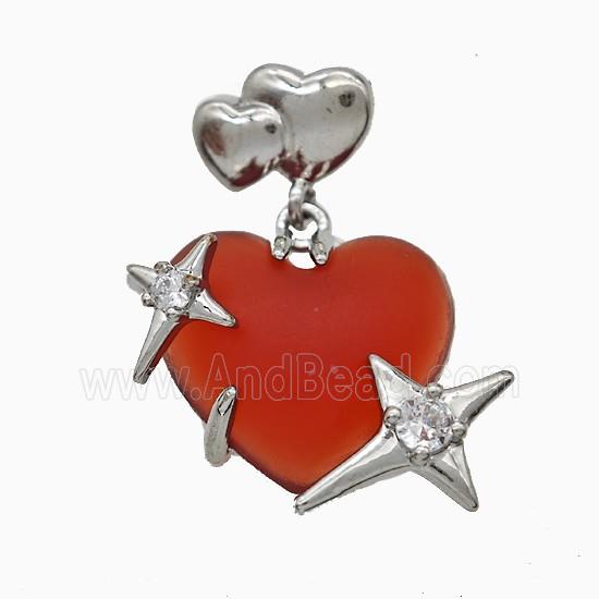 Red Resin Heart Pendant Copper Star Pave Zirconia Platinum Plated