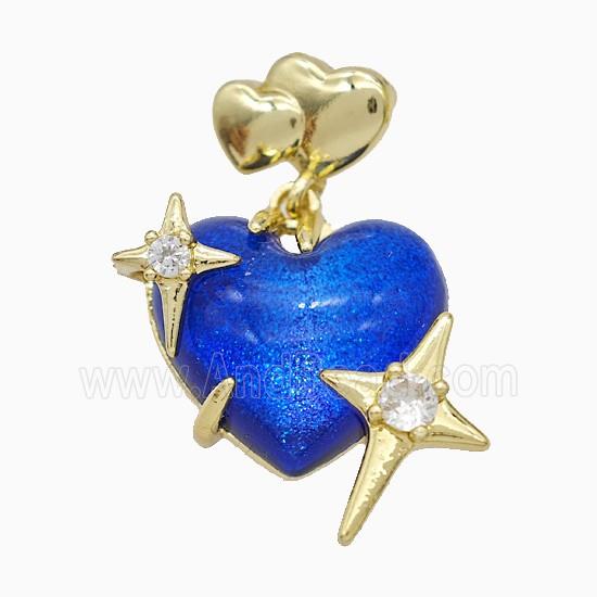 Blue Resin Heart Pendant Copper Star Pave Zirconia Gold Plated