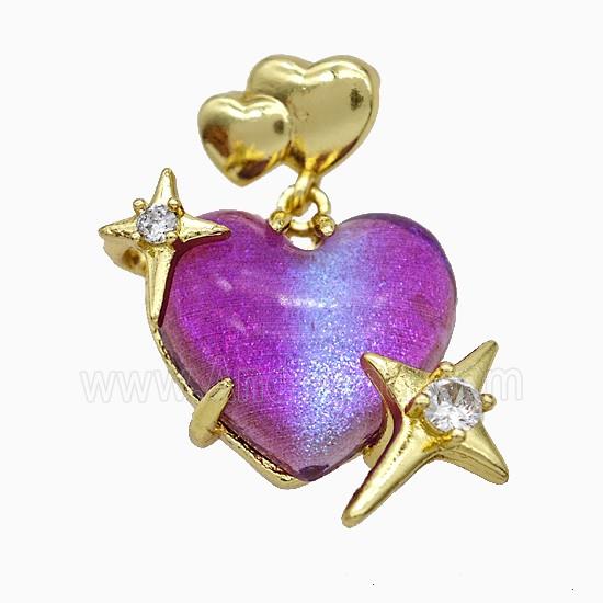 Hotpink Resin Heart Pendant Copper Star Pave Zirconia Gold Plated