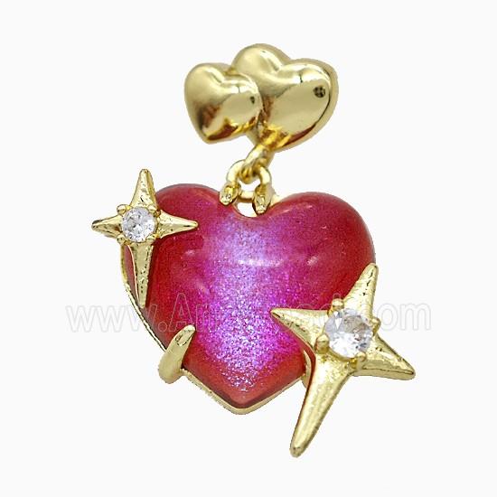 Red Resin Heart Pendant Copper Star Pave Zirconia Gold Plated