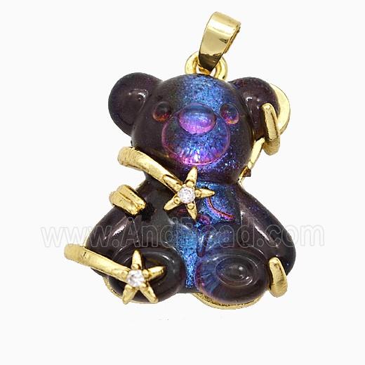 Black Resin Bear Pendant Copper Star Pave Zirconia Gold Plated