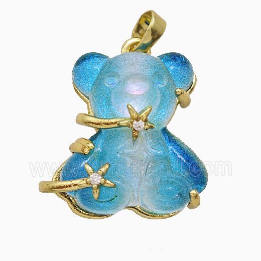 Aqua Resin Bear Pendant Copper Star Pave Zirconia Gold Plated