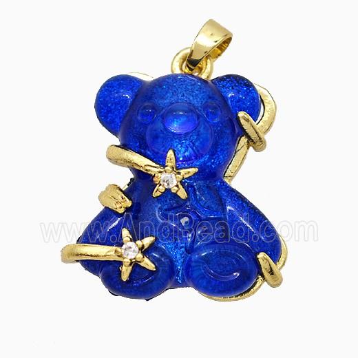 Blue Resin Bear Pendant Copper Star Pave Zirconia Gold Plated