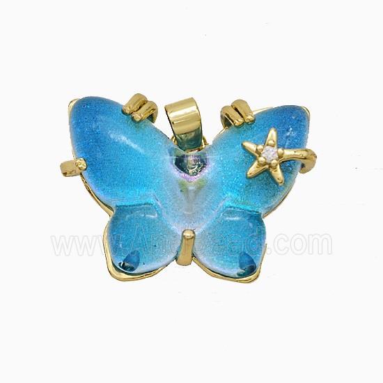 Aqua Resin Butterfly Pendant Copper Star Pave Zirconia Gold Plated