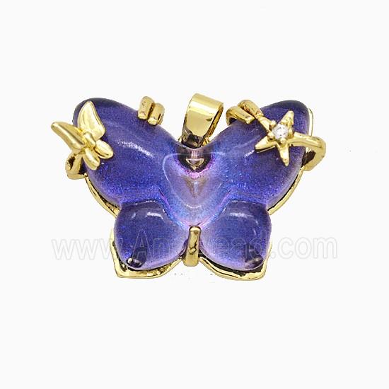 Purple Resin Butterfly Pendant Copper Star Pave Zirconia Gold Plated
