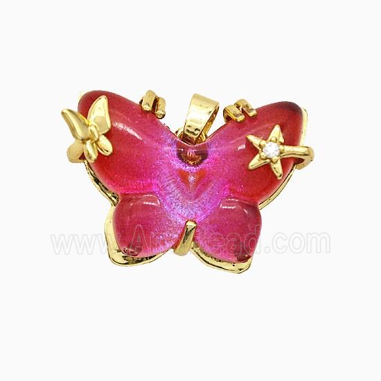 Red Resin Butterfly Pendant Copper Star Pave Zirconia Gold Plated